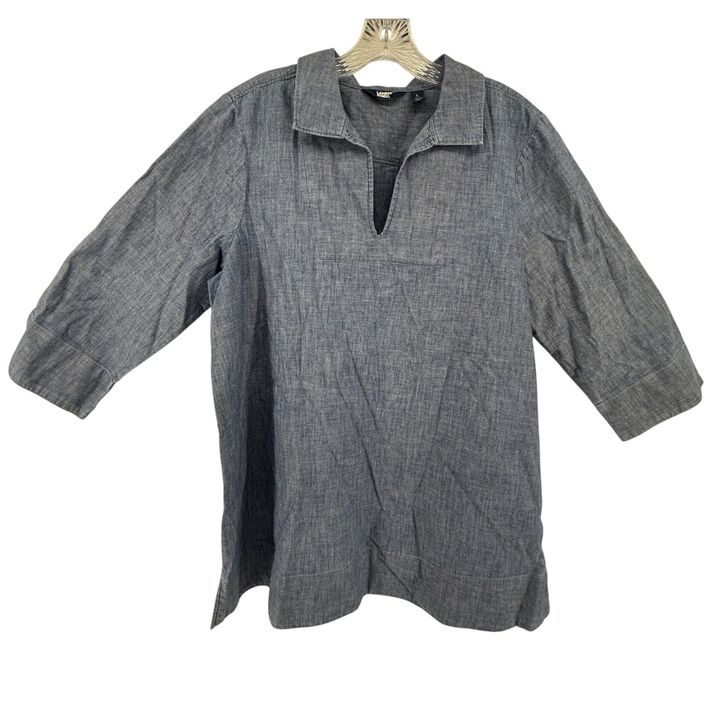 Lands End Womens Blue Cotton Chambray Split Neck Tunic Top Size L 14-16 Layering